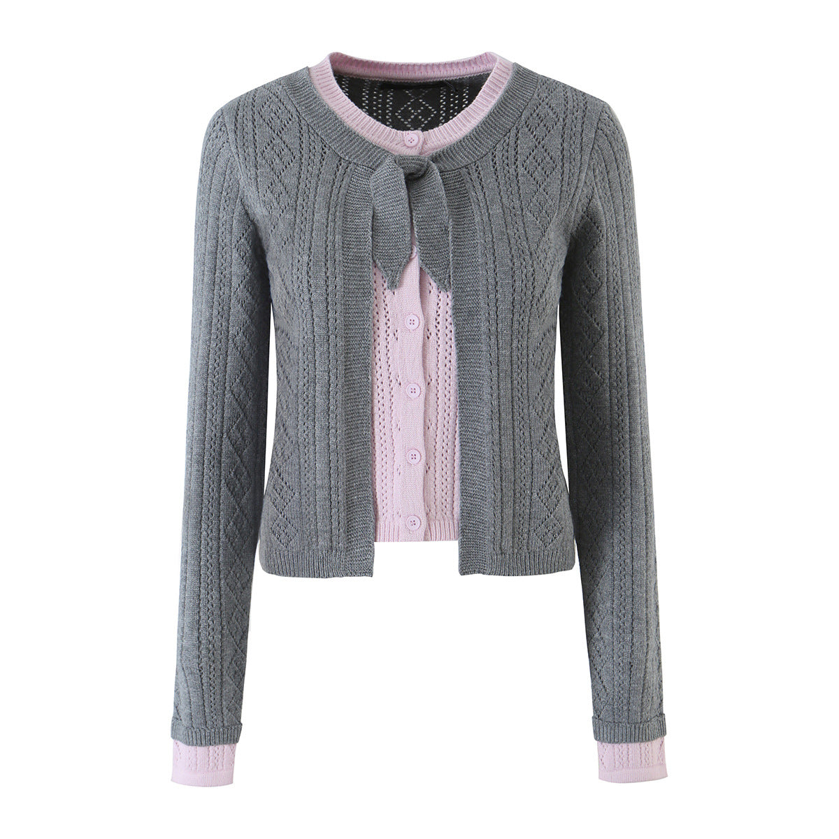 Women Fine Knit Two-Piece Cardigan with Bow Collar and Decorative Waistcoat EVA-US