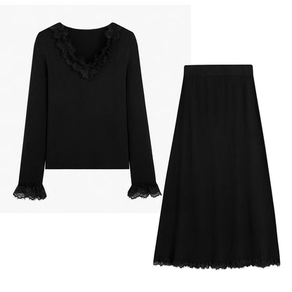 Women Two-Piece Ribbed Knit Set with Lace Trim EVA-US