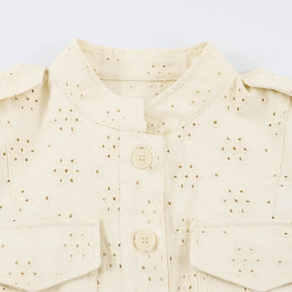 Ladies short jacket made of broderie anglaise with stand-up collar and patch pockets EVA-US