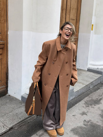 Women Double-Breasted Oversized Wool Blend Coat with Pinstripes and Loose Fit EVA-US
