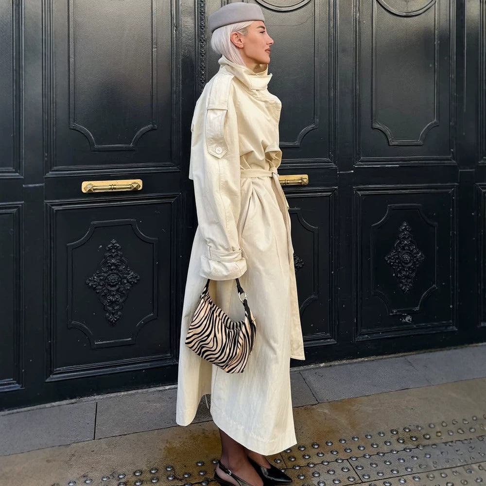 Women’s longer lighter trench coat with wide shawl collar and dropped shoulder EVA-US