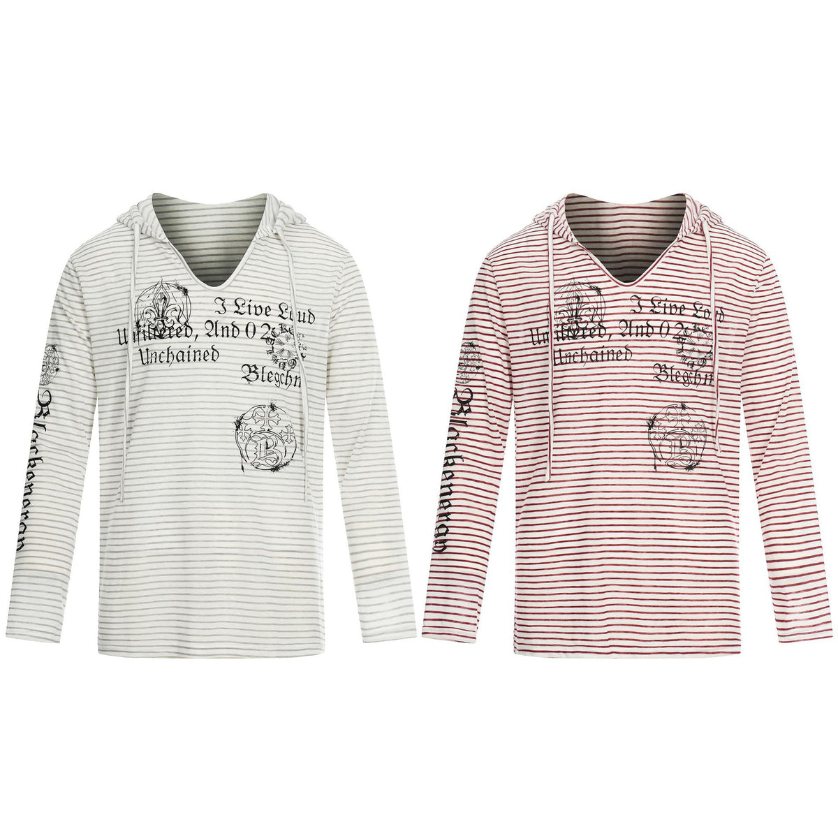 Women's Lightweight Hooded Long Sleeve with V-Neck, Striped Pattern and Vintage Print EVA-US