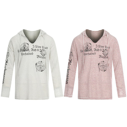 Women's Lightweight Hooded Long Sleeve with V-Neck, Striped Pattern and Vintage Print EVA-US