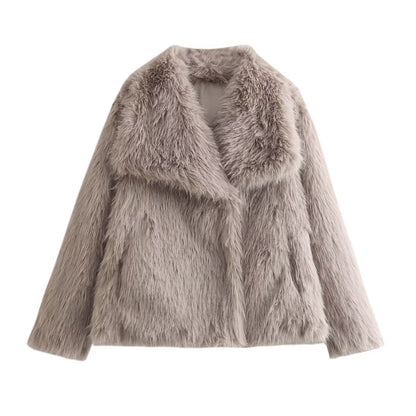 Women's Short Faux Fur Jacket with Wide Shawl Collar EVA-US