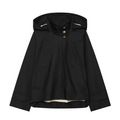 Ladies Short Water-Repellent Hooded Jacket with Snap Button Placket and Patch Pockets EVA-US