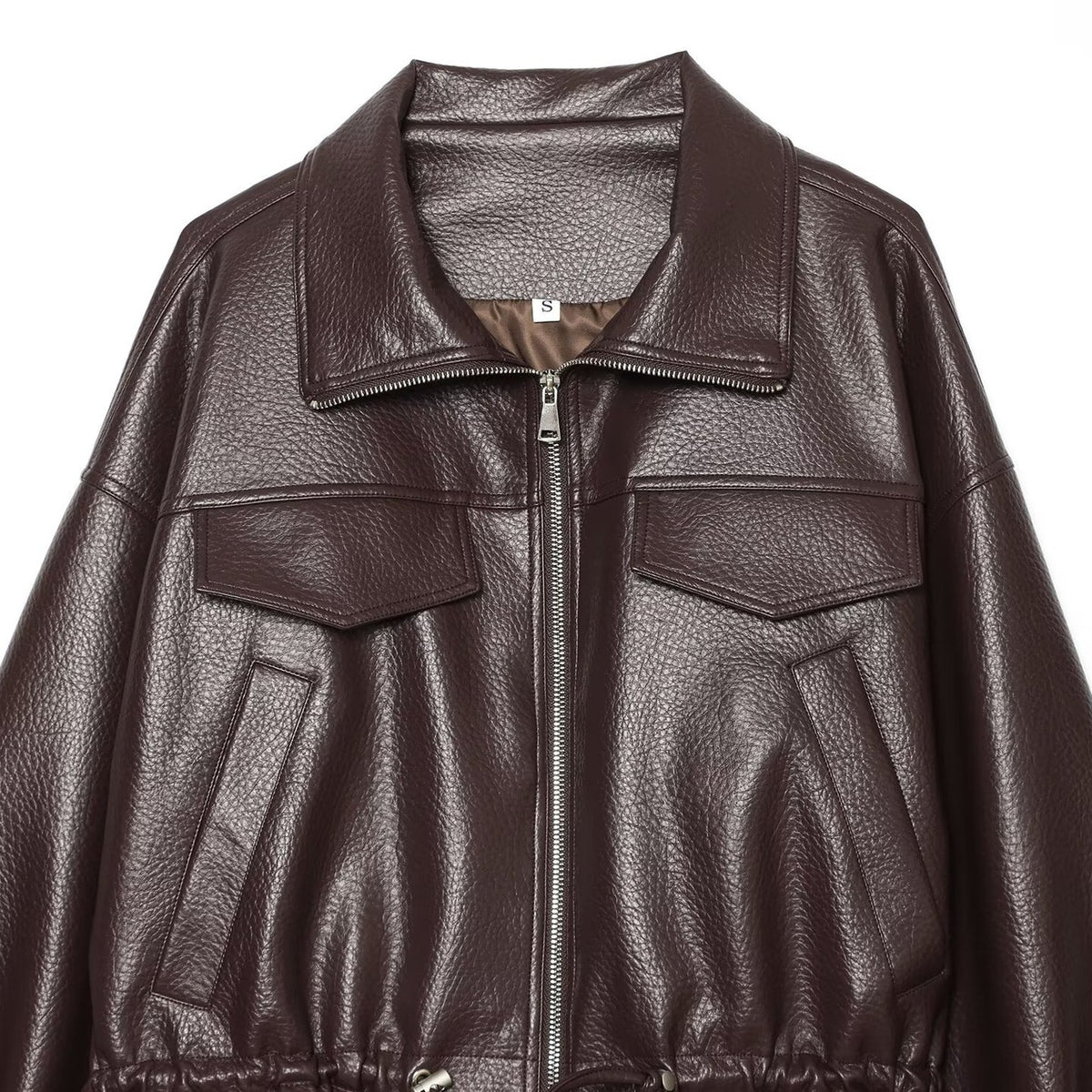 Women's Cropped Faux Leather Blouson with High Stand-up Collar, Flap Pockets and Drawstring