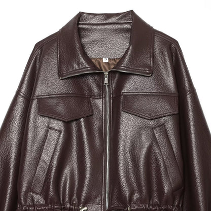 Women's Cropped Faux Leather Blouson with High Stand-up Collar, Flap Pockets and Drawstring