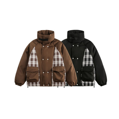 Unisex Oversize Stand Collar Puffer Jacket with Checked Insert Panel and Utility Pockets EVA-US