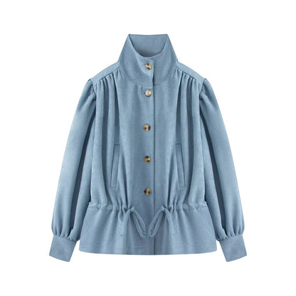Women's Tailorable Short Jacket with Drawstring, Stand-up Collar, and Balloon Sleeves EVA-US