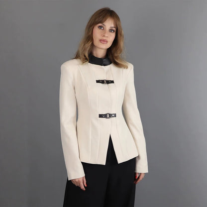 Women's Tailored Blazer with Stand-up Collar, Wiener Seams and Decorative Strap Closures EVA-US