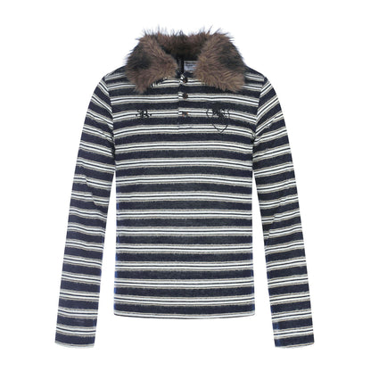Women's Striped Long Sleeve Polo Shirt with Faux Fur Collar EVA-US