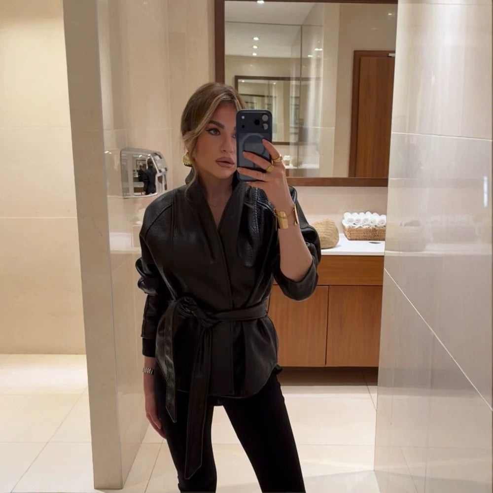 Women's Tailored Leather Jacket with Wrap Belt and Kimono Collar EVA-US