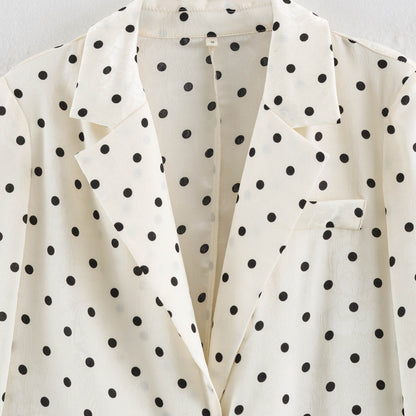 Ladies Light Polka Dot Blazer with Lapels, Drawstring Waist and Flap Pockets EVA-US