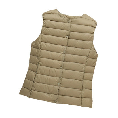 Women's Lightweight Quilted Down Vest with Stand-Up Collar and Snap Button Placket EVA-US