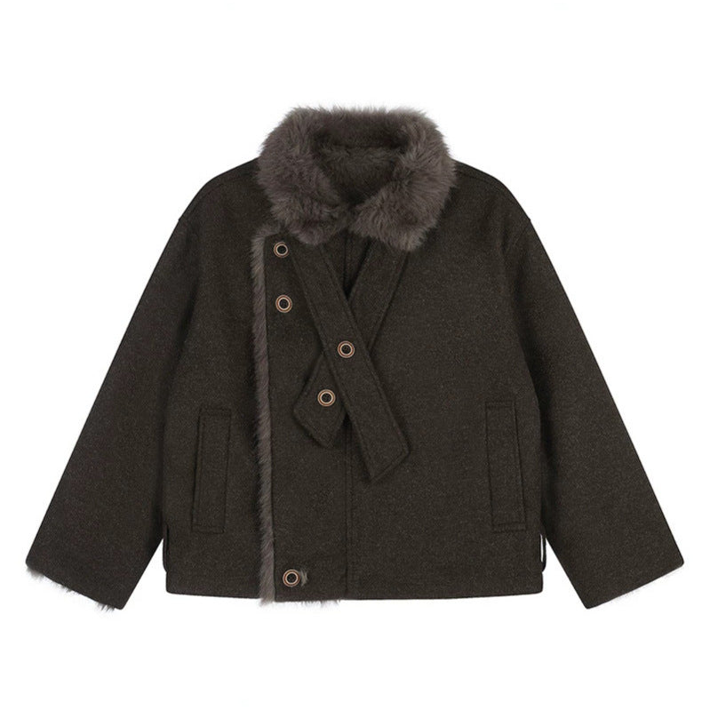 Women's short wool jacket with faux fur trim and asymmetric button placket EVA-US