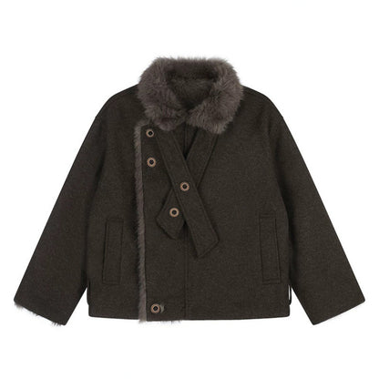 Women's short wool jacket with faux fur trim and asymmetric button placket EVA-US
