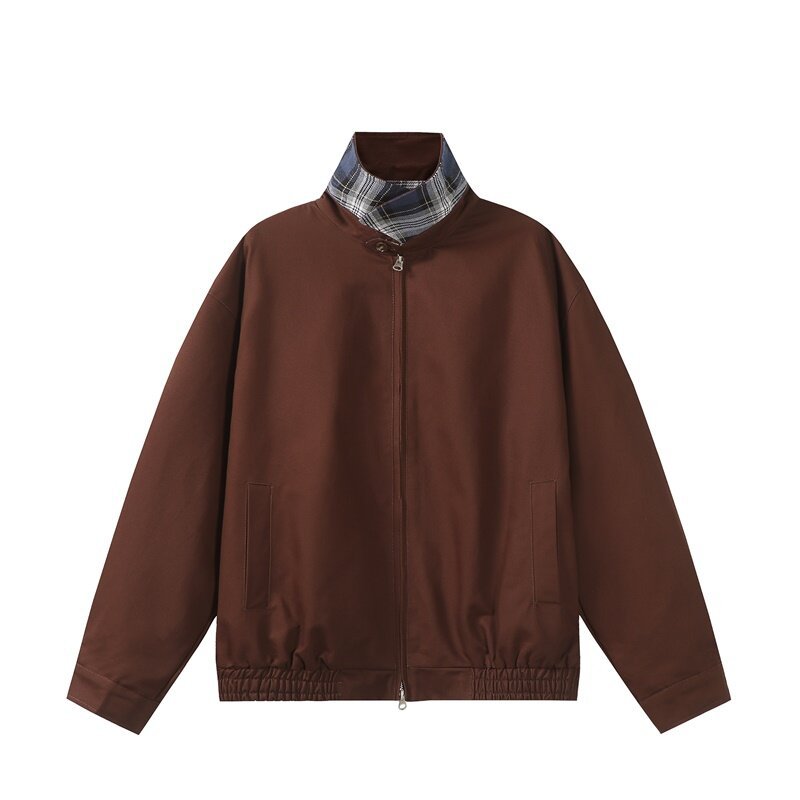 Unisex Short-Cut Boxy Blouson Jacket with Checked Stand Collar, Elastic Hem, and Two-Way Zipper EVA-US