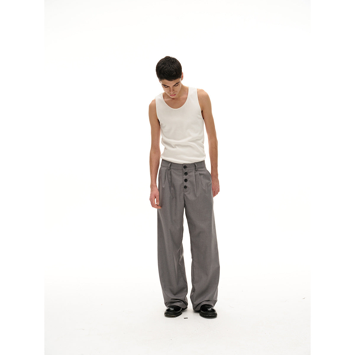 Women's Wide High-Waist Pleated Trousers with Distinctive Button Placket EVA-US