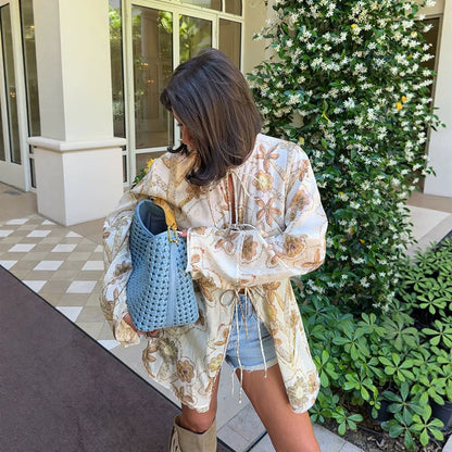 Women's Embroidered Linen Tunic Jacket with Drawstring, Volume Sleeves & Loose Silhouette EVA-US