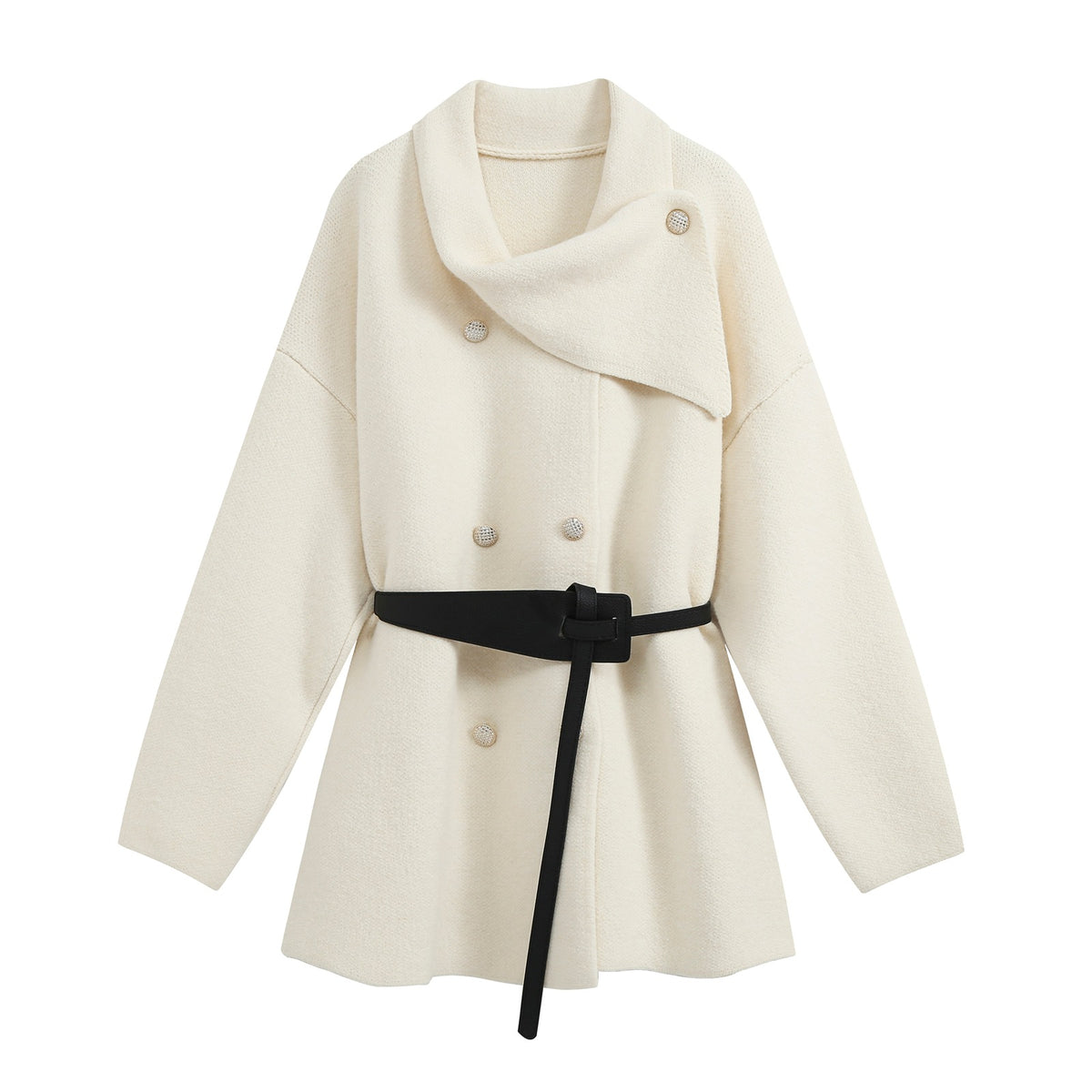 Women's Short Blouson Coat in Cocoon Cut with Asymmetrical Shawl Collar and Waist Belt EVA-US