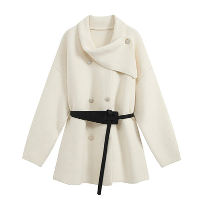 Women's Short Blouson Coat in Cocoon Cut with Asymmetrical Shawl Collar and Waist Belt EVA-US