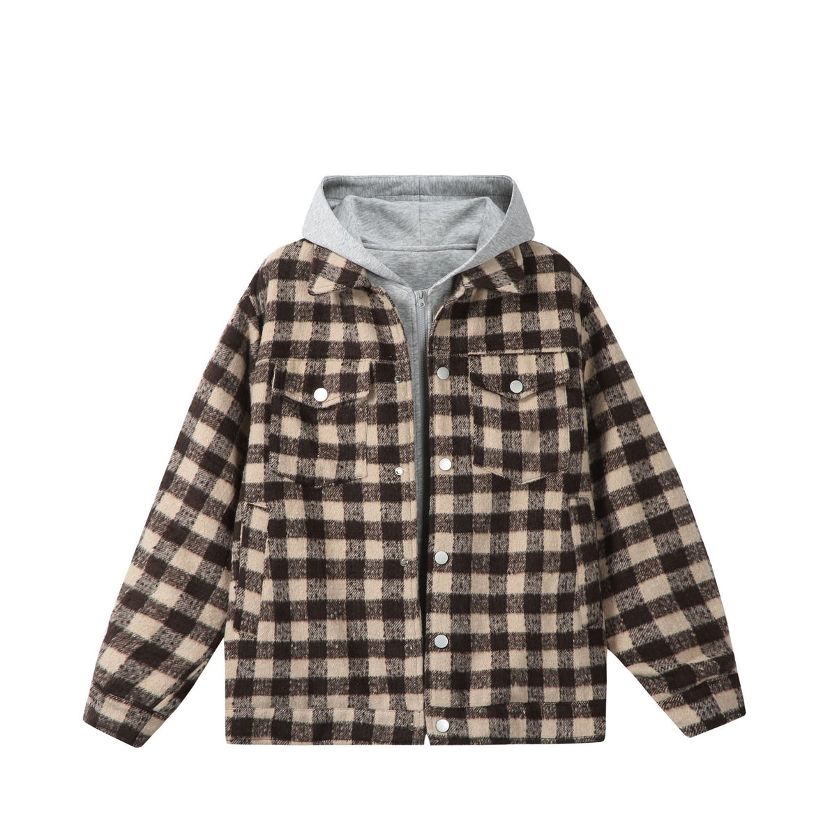 Women's short jacket in shacket style with checked wool look and integrated sweat hood EVA-US