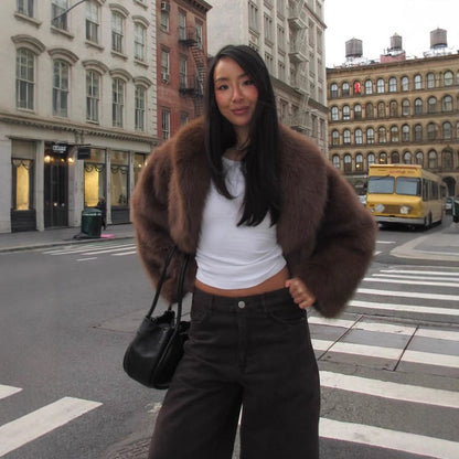 Women's short coat made of vegan high-pile faux fur with oversized shawl collar EVA-US