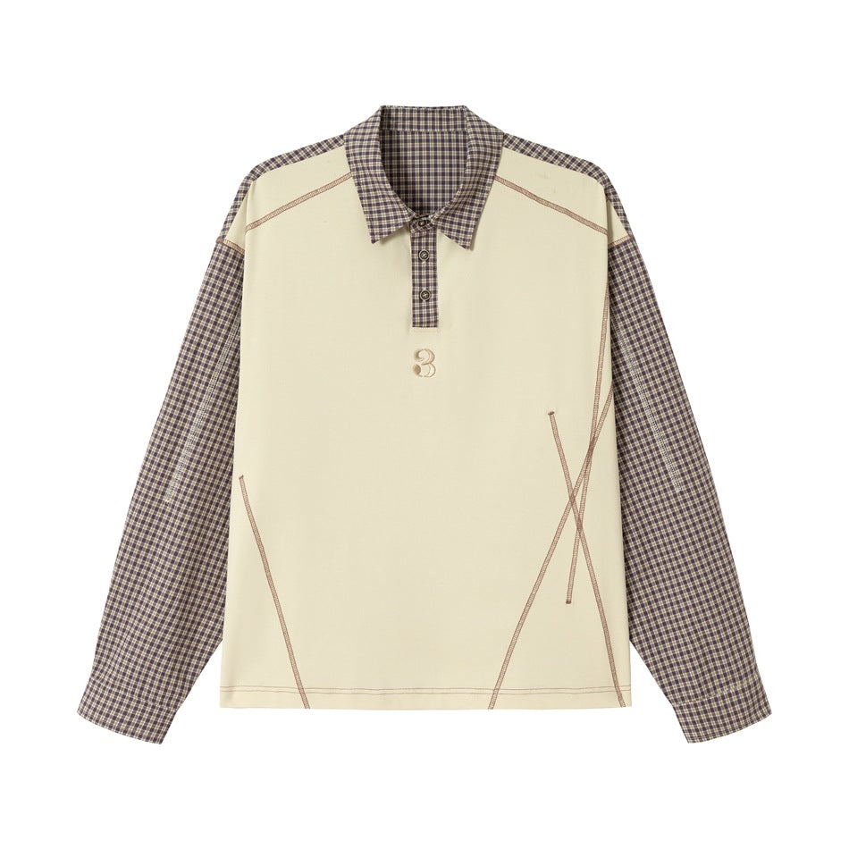 Unisex Oversize Long Sleeve Polo Shirt with Checked Sleeves, Shirt Collar and Decorative Topstitching EVA-US