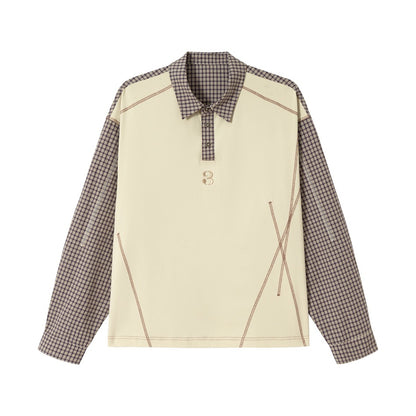 Unisex Oversize Long Sleeve Polo Shirt with Checked Sleeves, Shirt Collar and Decorative Topstitching EVA-US