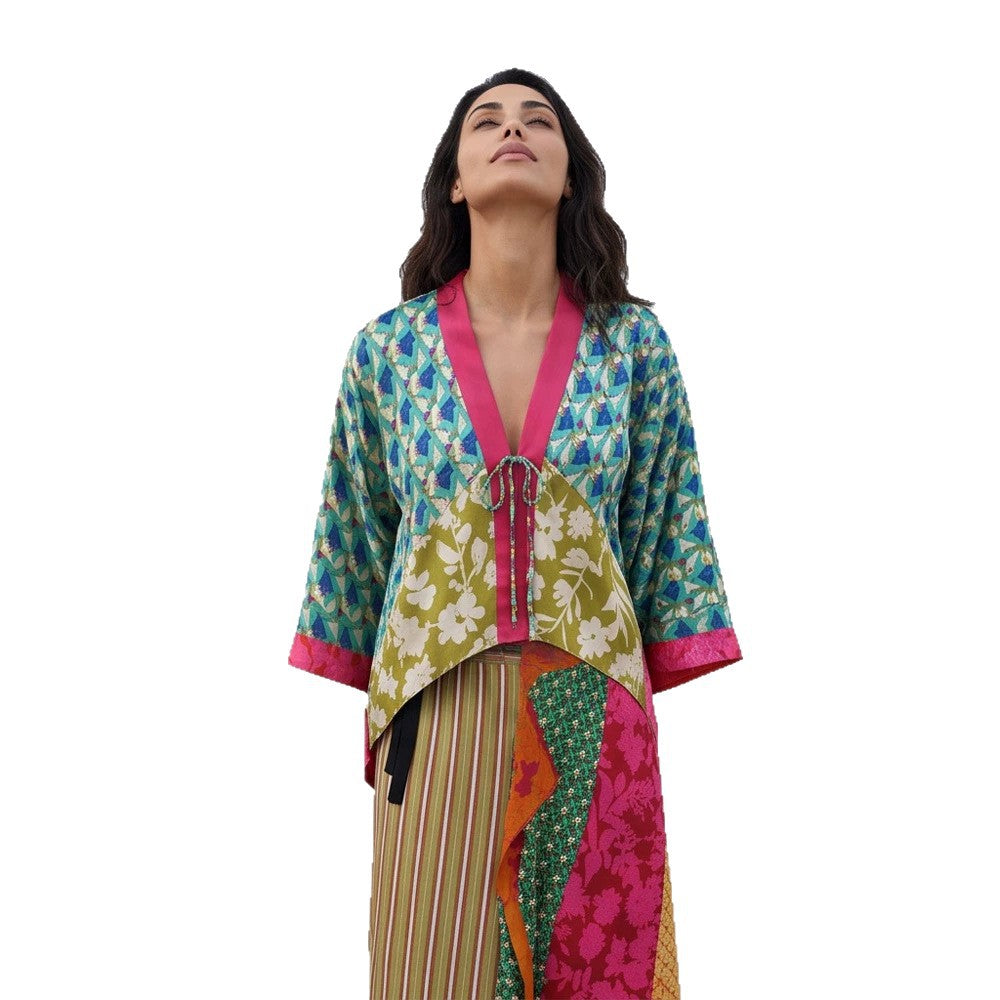 Women's Patchwork Kimono Top made of silk blend with deep V-neck and tie belt EVA-US