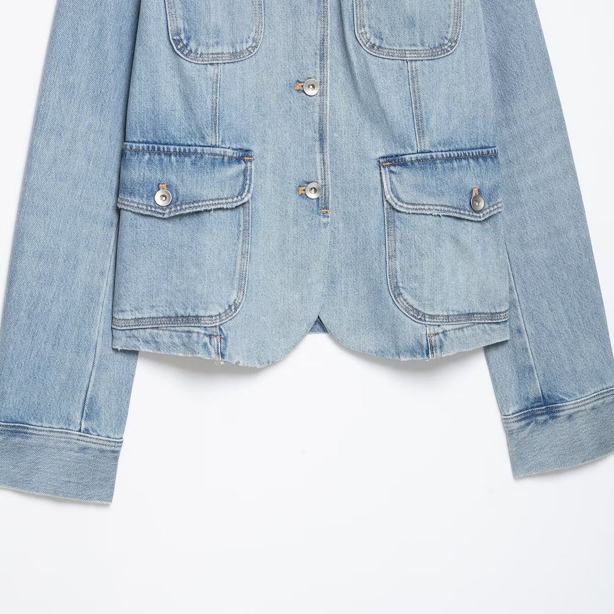 Women's jeans field jacket with stand-up collar, shoulder patches, and four flap pockets EVA-US