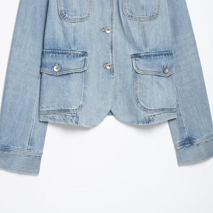 Women's jeans field jacket with stand-up collar, shoulder patches, and four flap pockets EVA-US