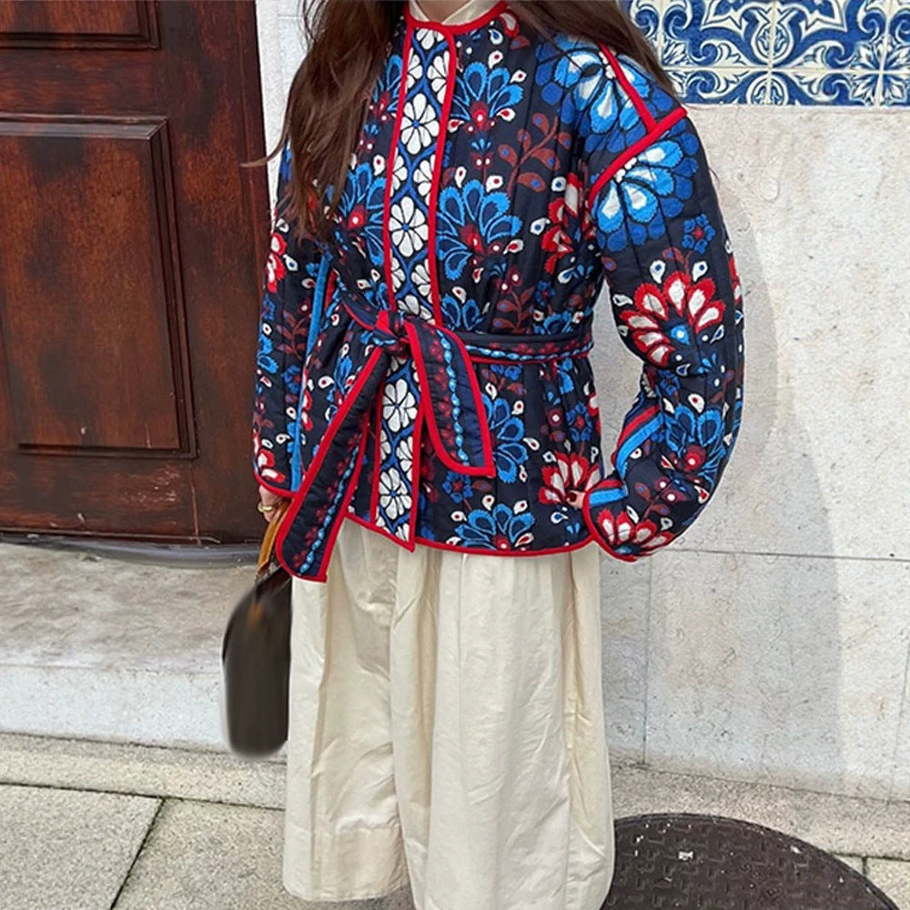 Women's Tailored Quilted Jacquard Cotton Jacket with Folk Floral Pattern & Tied Belt EVA-US