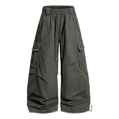 Women's Wide Cargo Pants with Elastic Waistband, Cargo Pockets, and Adjustable Hem EVA-US