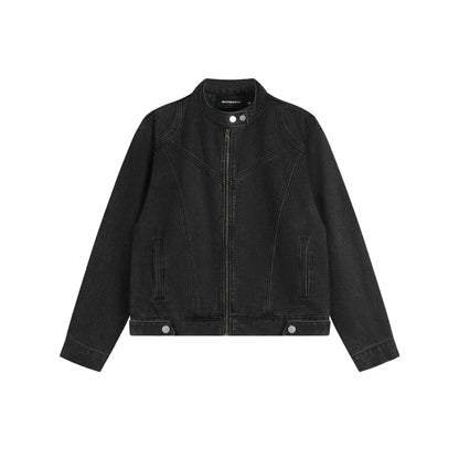 Unisex Short Cut Denim Blouson Jacket with Stand-up Collar and Full Zipper EVA-US