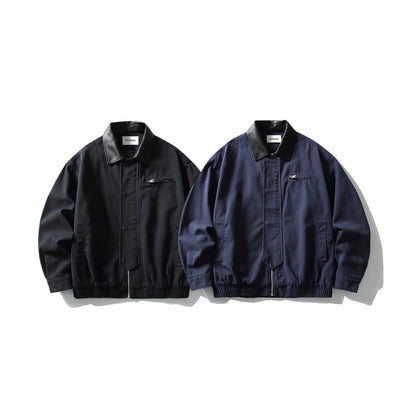 Men's short-cut boxy blouson with contrasting leather collar EVA-US