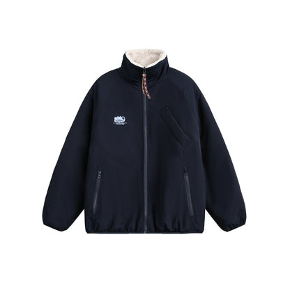 Unisex Oversize Teddy Fleece Jacket with Contrast Nylon Inserts and Stand-Up Collar EVA-US