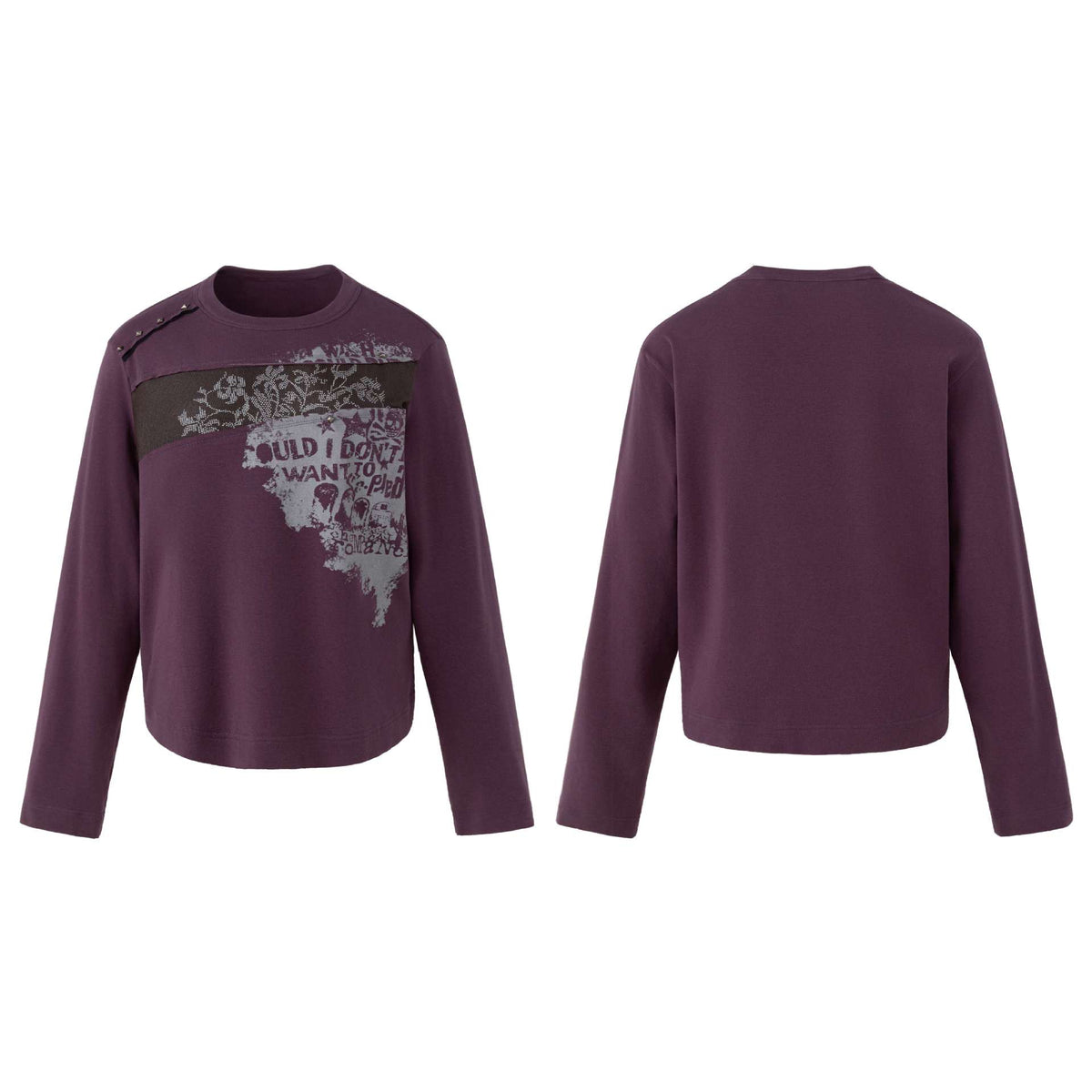 Women's Casual Sweatshirt with Studded Trim, Print Insert and Round Neck