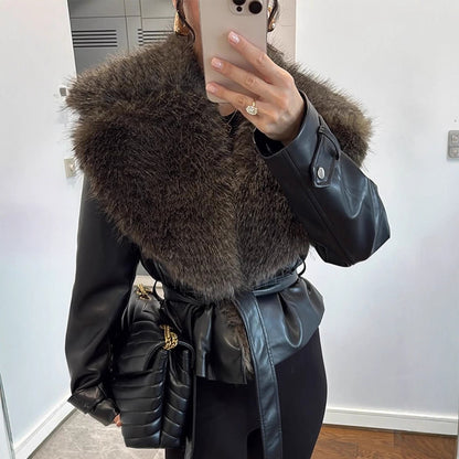 Women's tailored faux leather jacket with voluminous faux fur shawl collar and tie belt EVA-US