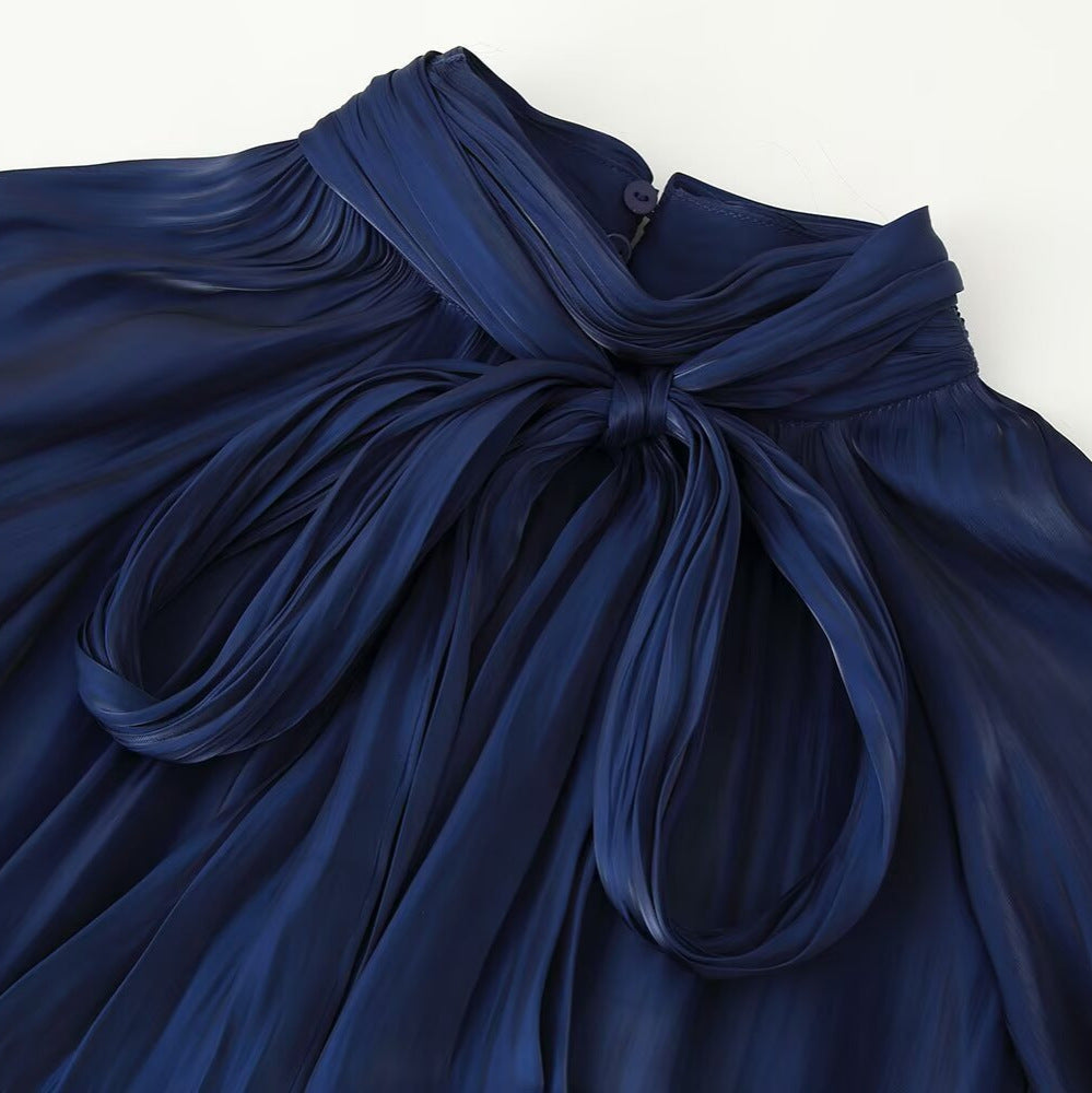 Women silk-like slip blouse with bow collar, pleated effect and ruched balloon sleeves EVA-US