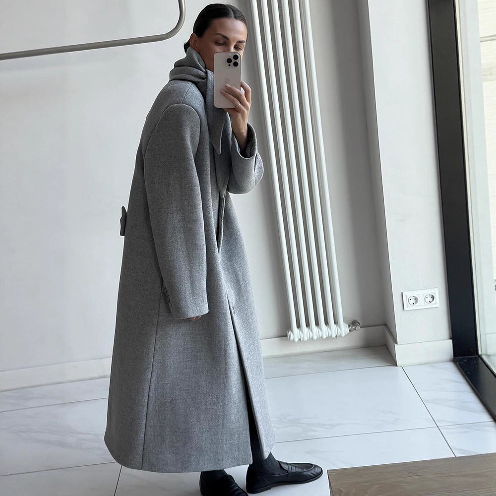 Women Mid-length Wool Blend Coat with Integrated Loop Scarf EVA-US