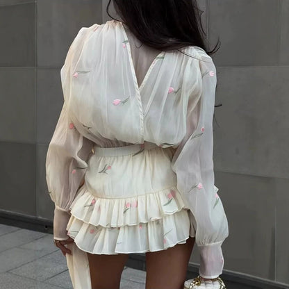 Ladies Two-Piece Chiffon Set with Embroidered Sheer Blouse and Ruffled Mini Skirt EVA-US