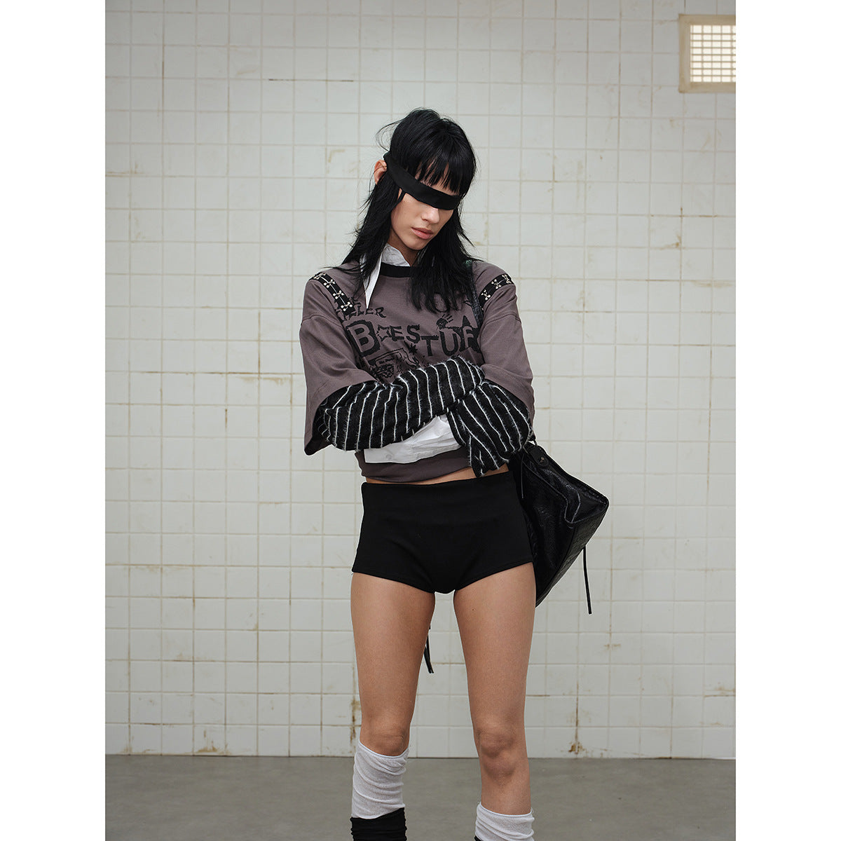 Women's Layered Look T-Shirt with Striped Sleeves and Graffiti Print EVA-US