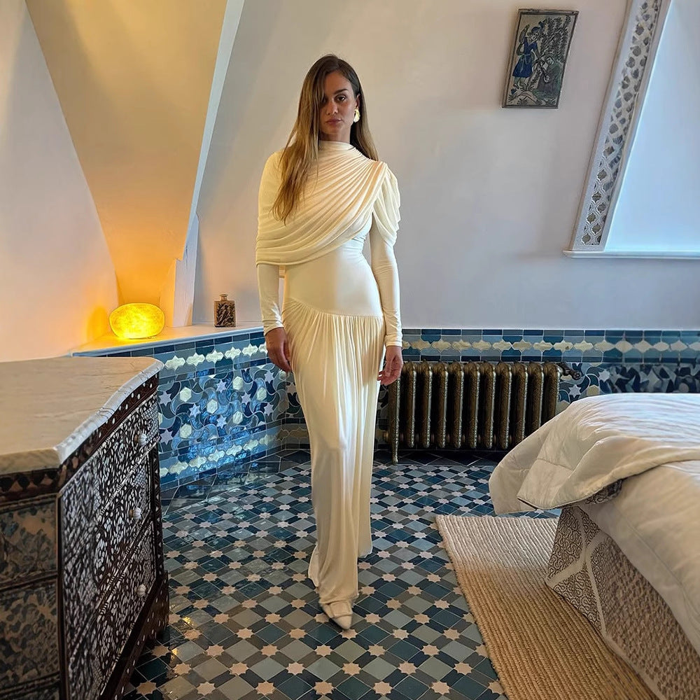 Women Pleated Maxi Evening Dress with Draped Shoulders and Long Sleeves EVA-US