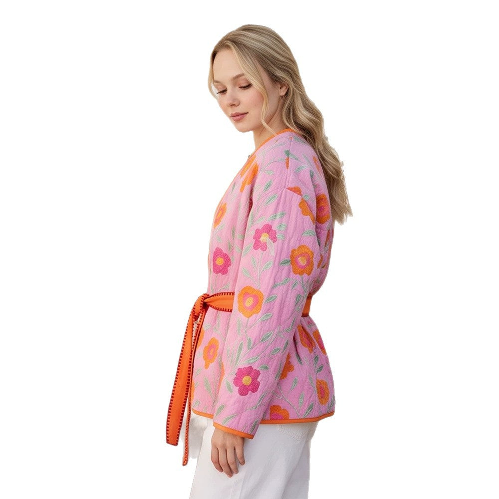 Women's Quilted Floral Kimono with Tie Belt EVA-US