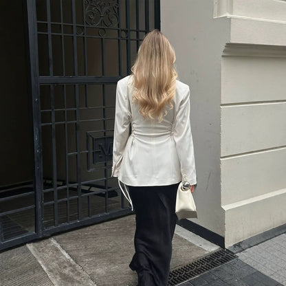 Women's tailored blazer with deep V-neck, zipper front and drawstring detail EVA-US