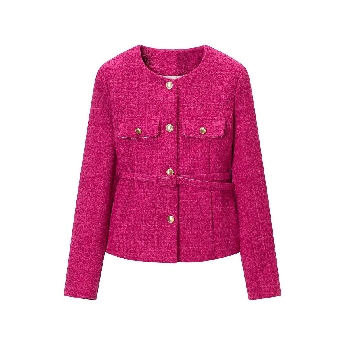 Women's Short Boucle Jacket with Waist Belt, Breast Flaps and Golden Decorative Buttons EVA-US