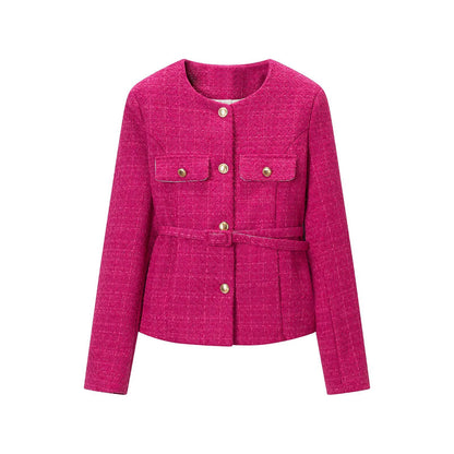 Women's Short Boucle Jacket with Waist Belt, Breast Flaps and Golden Decorative Buttons EVA-US