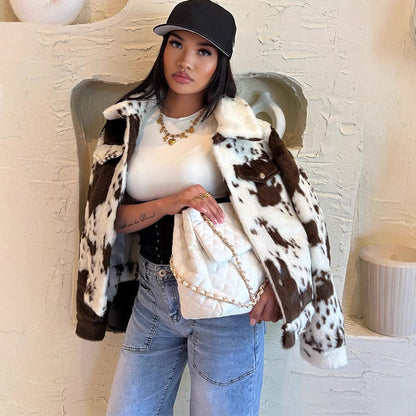 Women's short faux fur jacket in spotted pattern with shawl collar, wooden buttons & patch pockets EVA-US