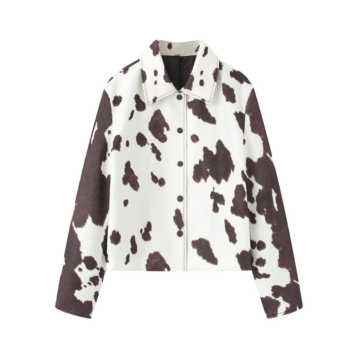 Women's Cropped Shirt Jacket in Boxy Cut with Cow Spot Print and Press Stud Placket EVA-US